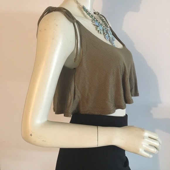 Olive green ribbed cropped camisole tank top. Self tie - Picture 2 of 7